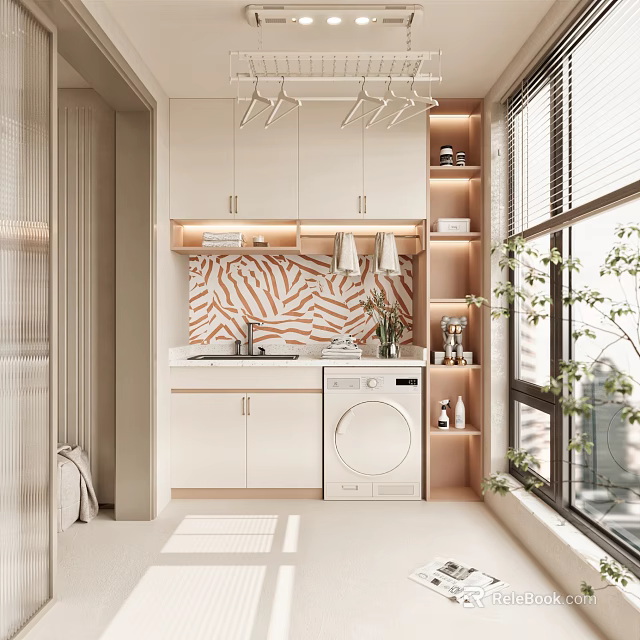 Modern Home Balcony With Washing Machine Sink Storage Cabinets Clothes Rack Plants And Window 3d model 