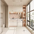 Modern Home Balcony With Washing Machine Sink Storage Cabinets Clothes Rack Plants And Window