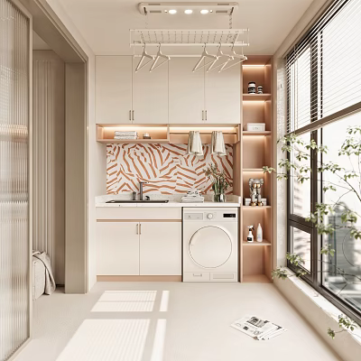 Modern Home Balcony With Washing Machine Sink Storage Cabinets Clothes Rack Plants And Window 3d model
