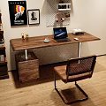 Modern Wooden Desk With Laptop Leather Chair Wall Shelf And Decorative Posters