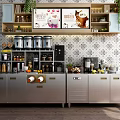 Stainless Steel Functional Kitchen Table With Storage Cabinets Coffee Machines And Potted Plants