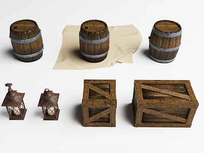 Vintage Wooden Barrels Crates And Lanterns Arranged On Clean White Background 3d model