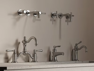 Different Styles of Modern Metal Water Faucets Mounted on Wall and Countertop 3d model