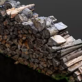 Natural Stone and Stacked Wood Logs in Rustic Outdoor Landscape with Green Grass