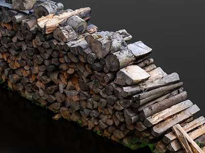 Natural Stone and Stacked Wood Logs in Rustic Outdoor Landscape with Green Grass 3d model