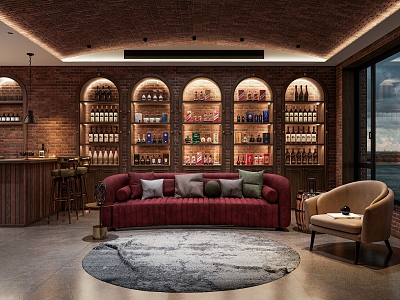 American Style Wine Cellar Bar Wine Tasting Area Industrial Style Liquor Famous Wine Combination Red Wine Combination Barware Bar Counter Area Meeting Area Sofa Combination Bar Chair 3d model