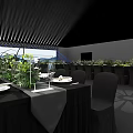 Elegant Stage Setup With Large Screen Mountain Water Pattern And Neatly Arranged Dining Tables