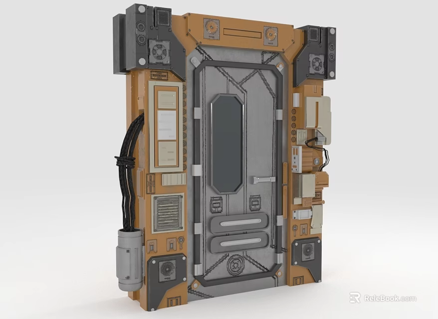 Sci fi Futuristic Door Panel With Metallic Brown Gray Surface Control Buttons Display And Cables 3d model