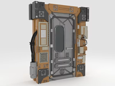 Sci fi Futuristic Door Panel With Metallic Brown Gray Surface Control Buttons Display And Cables 3d model