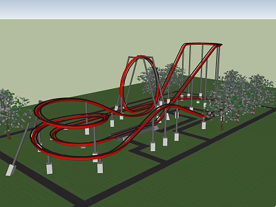Amusement Park Roller Coaster Featuring Red Curved Tracks White Pillars Green Grass And Trees 3d model