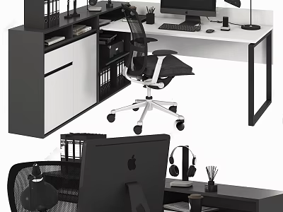 Modern Office Desk Setup with Computer Chair Lamp Headphones Storage Cabinet and Stationery 3d model