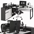 Modern Office Desk Setup with Computer Chair Lamp Headphones Storage Cabinet and Stationery