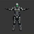 Futuristic Warrior in Silver Black Armor with Green Visor Standing Arms Outstretched