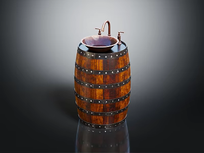 Unique Rustic Wooden Barrel Washbasin With Ceramic Basin Faucet And Metal Rivets 3d model