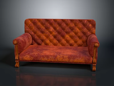 Red Tufted Diamond Pattern Two Seater Sofa With Wooden Legs And Stitching Details 3d model