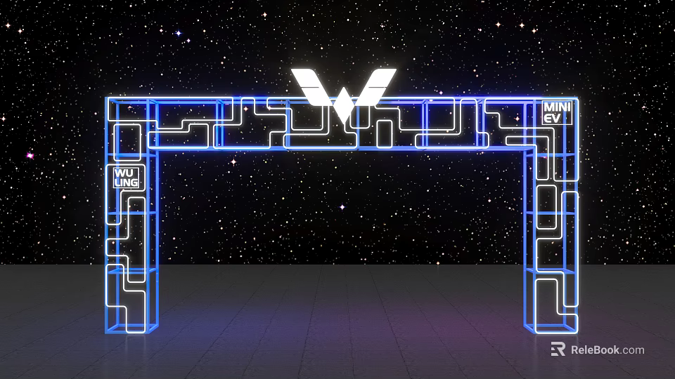 Blue Neon Light Archway with Starry Sky Background Top W Logo and Side WAI Lettering 3d model 