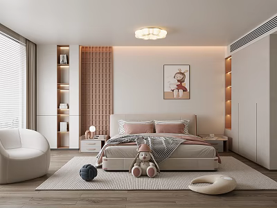 Modern Kids Room Interior Design With Stuffed Toys Bookshelf Rug And Wall Painting 3d model