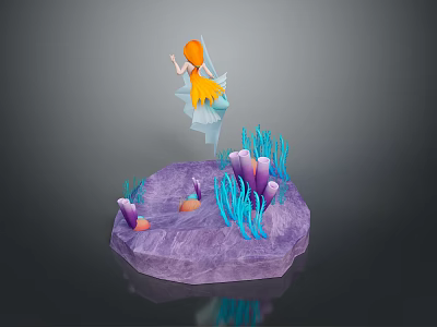 Fox Fairy Standing On Purple Rock Platform With Blue And Purple Coral Plants 3d model