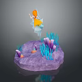 Fox Fairy Standing On Purple Rock Platform With Blue And Purple Coral Plants