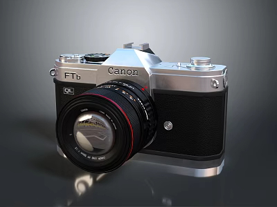 Vintage Canon FTb SLR Camera Featuring Silver Black Body And Prime Lens 3d model
