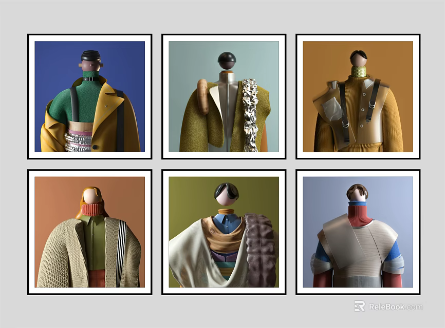 Six Different Wall Art Paintings With Mannequins In Varied Traditional Costumes And Colorful Backgrounds 3d model 