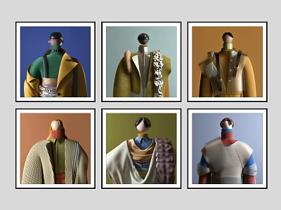 Six Different Wall Art Paintings With Mannequins In Varied Traditional Costumes And Colorful Backgrounds 3d model
