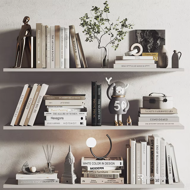 Stylish Decorative Ornament Combination On Bookshelf With Books Green Plant Figurine Vase And Table Lamp 3d model 