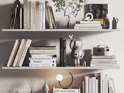 Stylish Decorative Ornament Combination On Bookshelf With Books Green Plant Figurine Vase And Table Lamp 3d model