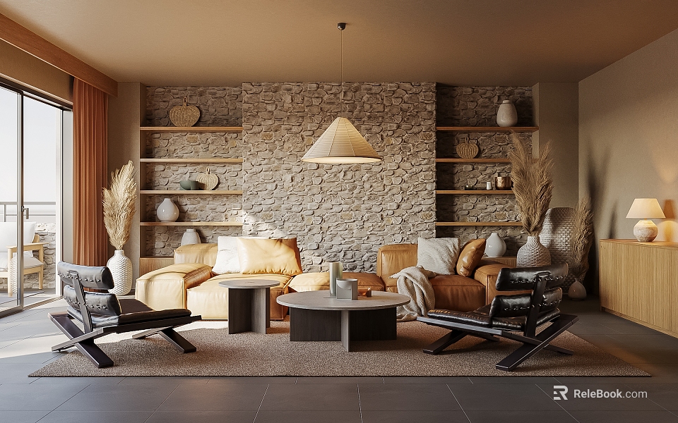 Modern Living Room Interior Design With Stone Wall Shelves Sofa Pillows And Pendant Lamp 3d model 