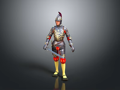 Man wearing ornate medieval armor with golden decorations helmet red accents and holding sword 3d model
