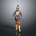 Man wearing ornate medieval armor with golden decorations helmet red accents and holding sword