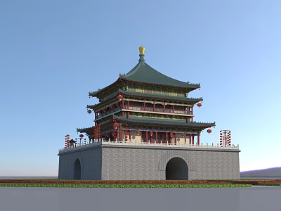 Ancient Chinese Architecture With Multi Tiered Green Roof Golden Spire Red Decorations And Stone Base 3d model