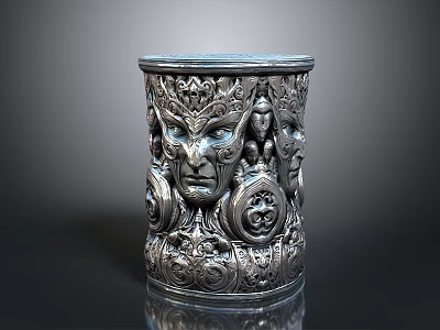Ornate Metallic Cylindrical Container With Intricate Face Carvings And Decorative Patterns 3d model