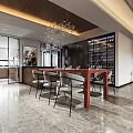 Modern Open Dining and Living Room Interior With Grey Sofa Marble Coffee Table And Chandelier