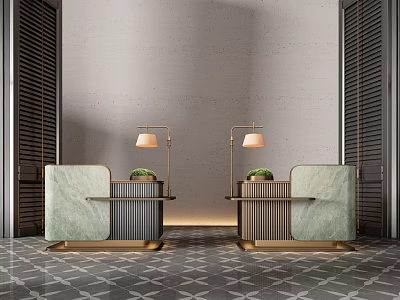 Modern Luxury Reception Desk Interior With Marble Top Brass Frame Table Lamps And Green Plants 3d model