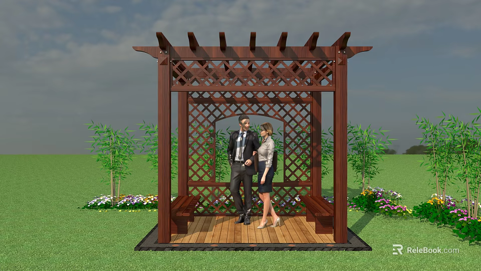 Wooden Pergola With Lattice Design Bench Standing Couple Surrounded By Green Plants And Grassland 3d model 