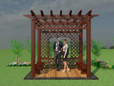 Wooden Pergola With Lattice Design Bench Standing Couple Surrounded By Green Plants And Grassland 3d model
