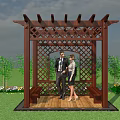 Wooden Pergola With Lattice Design Bench Standing Couple Surrounded By Green Plants And Grassland