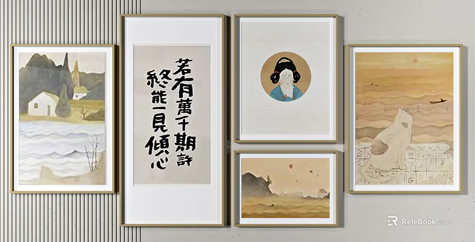 Chinese Traditional Framed Artworks With Calligraphy Landscape And Figure Portrait Decor 3d model 
