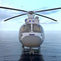 White Civilian Helicopter With Rotors Clear Windows Over Calm Water Surface