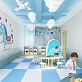 Bright Children Activity Space Interior With Bookshelves Coffee Bar And Kids Playing