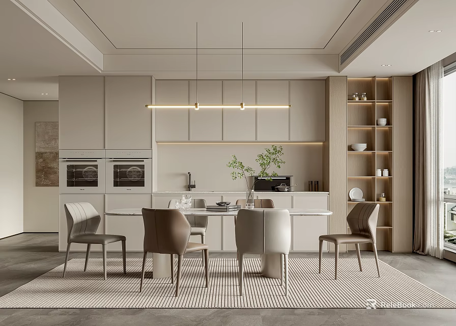 Modern Elegant Dining Room Interior With Dining Table Chairs Pendant Lights And Cabinets 3d model