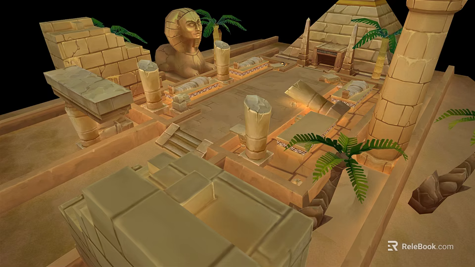 Cartoon Ancient Egyptian Scene With Pyramids Sphinx Palm Trees And Stone Columns 3d model
