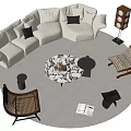 White Sectional Sofa Coffee Table Set With Black Cushions Round Patterned Table And Accent Chairs 3d model