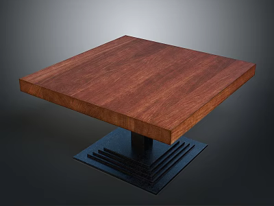 Square Wooden Table With Mahogany Tabletop And Black Metal Geometric Base 3d model