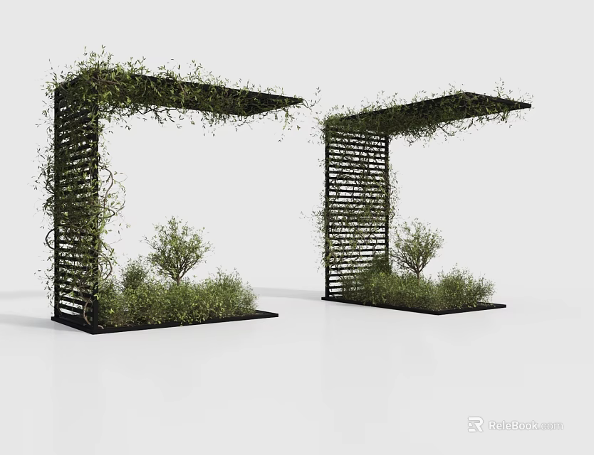 Outdoor Vine Covered Black Grid Structures With Grass And Small Trees 3d model 