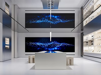 Modern Exhibition Space With Large Digital Screens White Display Counter And Shelving Units 3d model