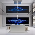 Modern Exhibition Space With Large Digital Screens White Display Counter And Shelving Units