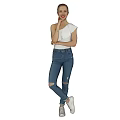 Woman In White Sleeveless Top Ripped Jeans And White Sneakers Three Different Angles Poses