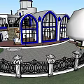 Detached Villa With Blue Dome Arched Windows White Fence Green Lawn And Sunlight